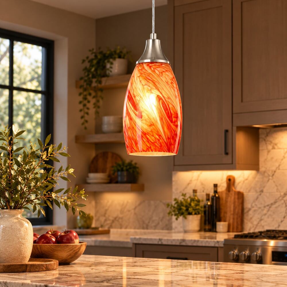 Red Swirl Art Glass Mini Pendant Light – Brushed Nickel Finish